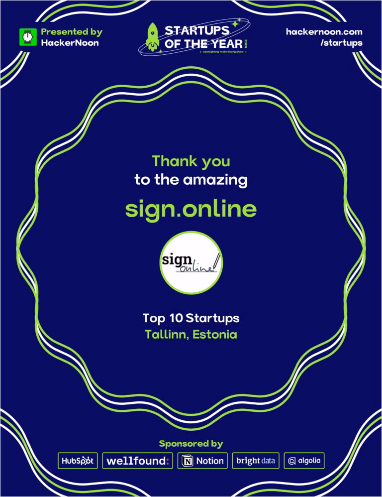 The official HackerNoon Startups of the Year 2024 award badge for Tallinn, celebrating sign.online's placement as a top 10 company.