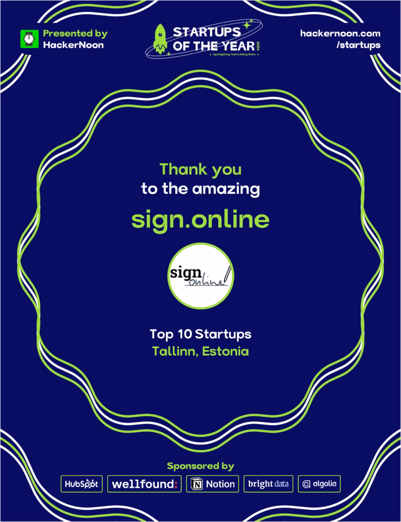 The official HackerNoon Startups of the Year 2024 award badge for Tallinn, celebrating sign.online's placement as a top 10 company.