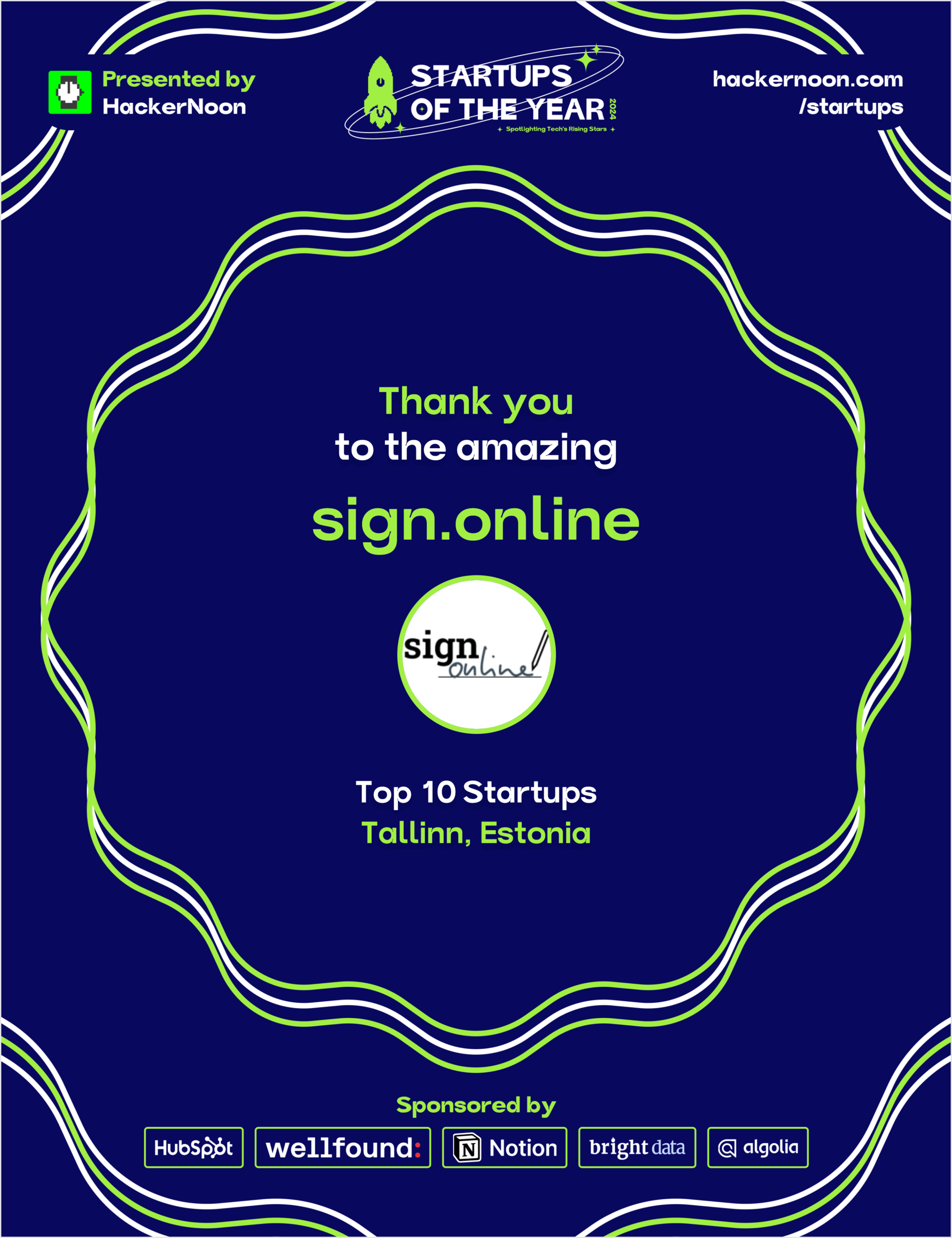 The official HackerNoon Startups of the Year 2024 award badge for Tallinn, celebrating sign.online's placement as a top 10 company.