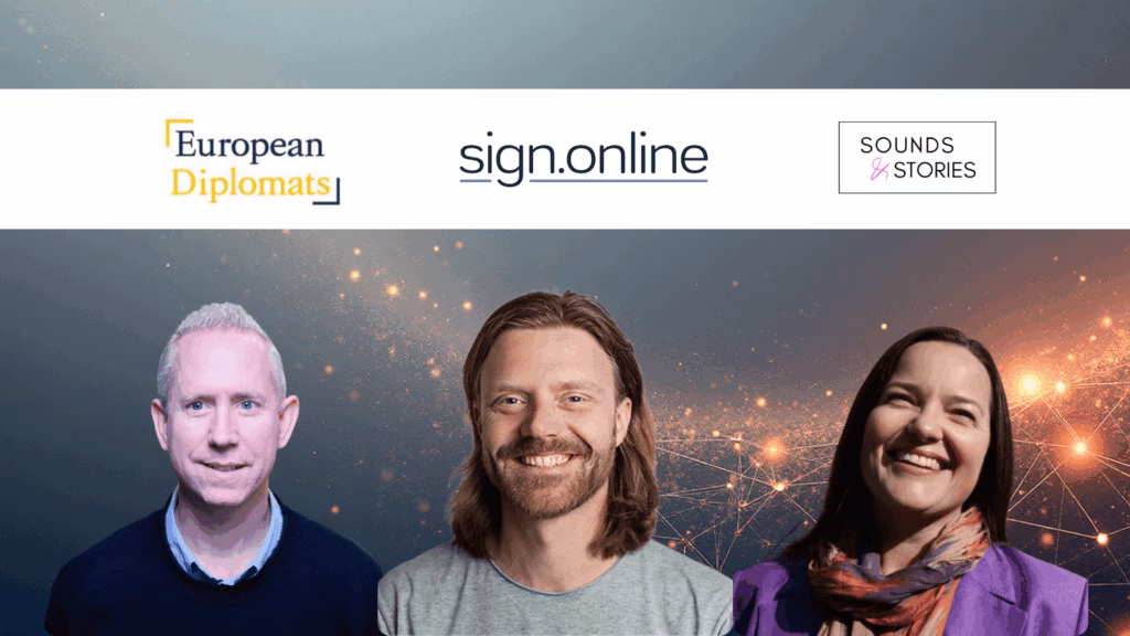 Image representing new partnership for growth between European Diplomats, sign.online and Sounds & Stories with their logos and photos of their founders