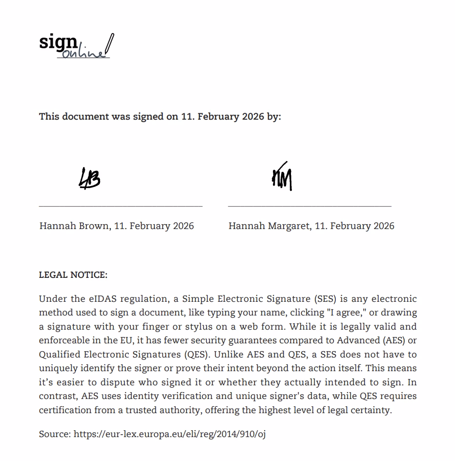 how to sign online screenshot of an example sign.online signature page for a simple electronic signature by two co-signers